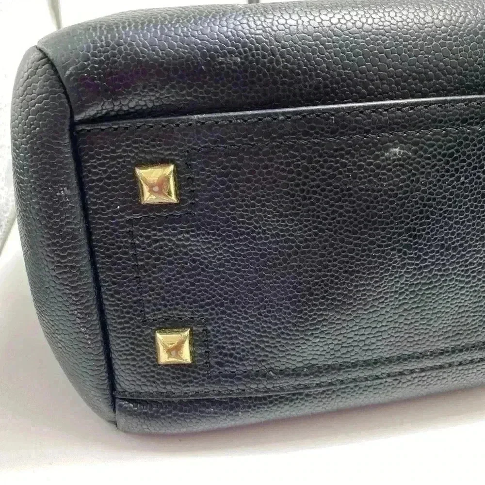 Henri Bendel Carlyle Tote Black Pebbled Leather Purse Shoulder Bag Purple Satin